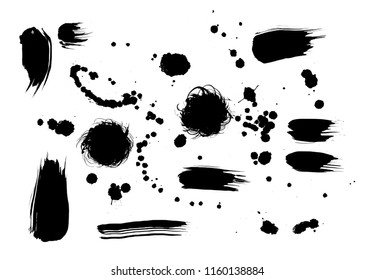 Set of Korean, Chinese, Japanese ink brush strokes and expressive splashes. Paint sprincles. Black design elements on white. Collection of grungy Oriental design elements for your design