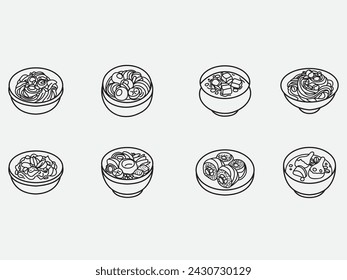set of korean food and cuisine outline icons isolated on white background