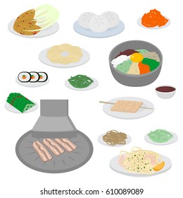 Set of korean food flat design elements. Asian street food menu. Traditional dish kimchi, dumplings, noodle and bibimbap vector illustration
