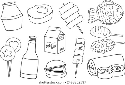 Conjunto de comida coreana dibujada a mano, Ilustraciones vectoriales de comida callejera