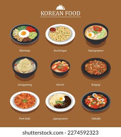 Set of korean food menu. Asia street food illustration background.