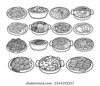 Set of Korean food outline sketch hand-drawn illustration