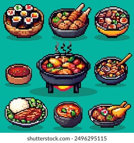 set of Korean food pixel art vector.