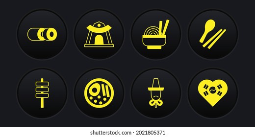 Set Korean food tokpokki, Food chopsticks, Ramen, hat, Asian noodles in bowl, temple, Love with heart and Sushi icon. Vector