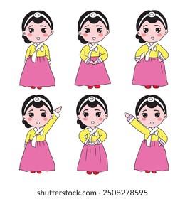 set of korean hanbok traditional costum doodles. element