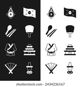 Set Korean hand fan, Food chopsticks, lantern, South flag, Kimono, temple, hat and Traditional icon. Vector