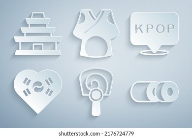 Set Korean hand fan, K-pop, Love with heart, Sushi, Kimono and temple icon. Vector