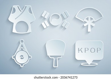 Set Korean hand fan, Traditional, lantern, K-pop, South flag and Kimono icon. Vector
