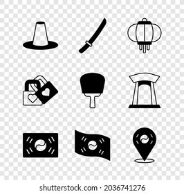 Set Korean hat, Katana, lantern, South flag, Location, Lock with heart and hand fan icon. Vector