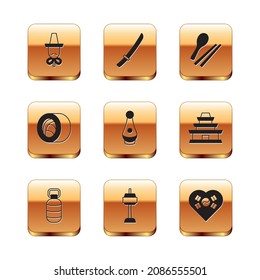 Set Korean hat, lantern, N Seoul tower in South, Soju bottle, Sushi, Food chopsticks, Love with heart and Katana icon. Vector