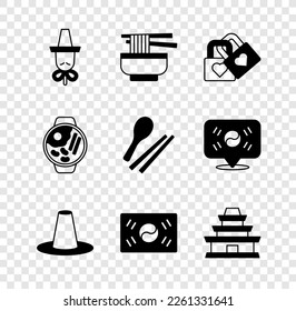 Set Korean hat, Ramen, Lock with heart, South flag, temple,  and Food chopsticks icon. Vector