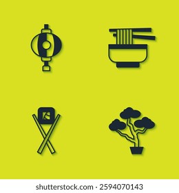 Set Korean lantern, Bonsai tree, Sushi with chopsticks and Ramen icon. Vector