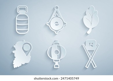 Set Korean lantern, Kimchi, South map, Sushi with chopsticks,  and  icon. Vector