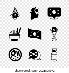 Set Korean lantern, South map, Location, Ramen, flag, Asian noodles in bowl and  icon. Vector