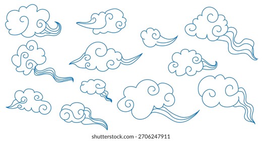 Set koreanische Retro-Stil Wolken, asiatische Illustration , Linie Kunst Vektor Dekorationselemente für Banner, Plakate, Karten