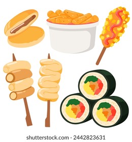 Set of Korean Street Food Vector Illustration Including Hotteok, Kimbap, Odeng, Sotteok, Tokkebi and Teokbokki