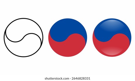Set of Korean Taegeuk symbols in three styles: outline, flat red-blue, and glossy gradient. Represents balance, energy, and Korean culture. Ideal for spiritual, cultural, or modern design.