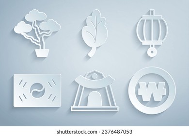Set Korean temple, lantern, South flag, won coin, Kimchi and Bonsai tree icon. Vector