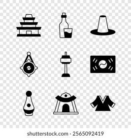 Set Korean temple, Soju bottle, hat, Kimono, lantern and N Seoul tower in South icon. Vector