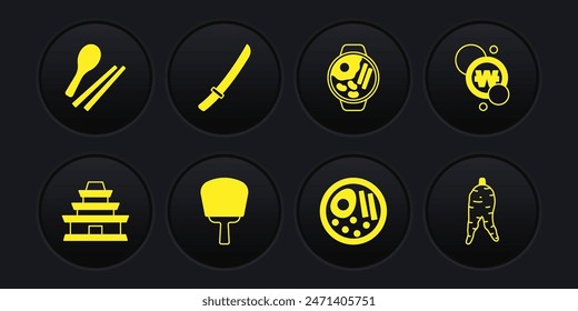 Conjunto de templo coreano, moneda ganada del sur, abanico de mano, Ramen, Katana, raíz de ginseng y palillos chinos de comida icono. Vector