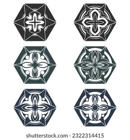 Set of korean traditional flower pattern with hexagonal geometric frame