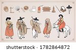Set of Korean traditional objects. People wearing Korean traditional clothes(Hanbok). Vector illustration. 