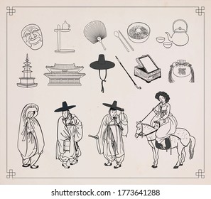 Set of Korean traditional objects. People wearing Korean traditional clothes(Hanbok). Vector illustration. 