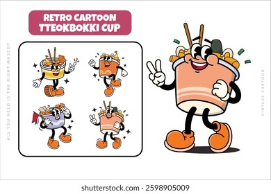 Set of Korean Traditional Street Food Tteokbokki Cartoon Illustration with Varied Poses and Expressions