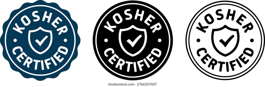 Set of kosher certified vector badges with shield and check mark, suitable for product labeling and certifications.
