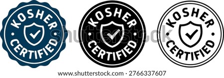 Set of kosher certified vector badges with shield and check mark, suitable for product labeling and certifications.