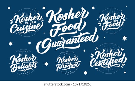 Set of kosher food logos, stamps, lettering phrases. Vector illustration collection. Handwritten compositions. Blue design for labels, badges, stickers, emblems, logotypes