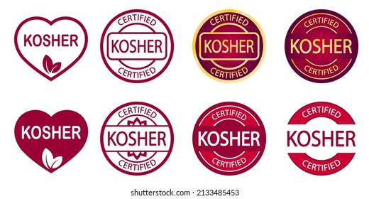 Set Of Kosher Food Products Labels, Badges Or Logos. Vector Kosher Sign Certificate Tag. Round Icon. Sticker Design. Stamp