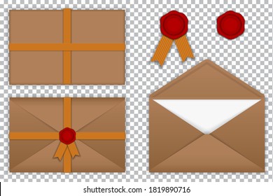 Set of kraft envelope and red sealing wax isolated on grid background. Graphic vector