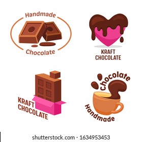 Set of Kraft Handmade Chocolate, Candies and Drink Logo Collection. Different Shapes and Kinds of Choco Sweets Isolated on White Background. Cartoon Vector Illustration