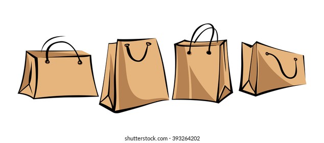 Set of kraft paper bags for shopping. Modern vintage illustration. Pop art style. Isolated vector objects on white background.