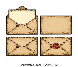 Set of kraft paper envelopes in different views. Open, closed mail and with blank paper. Vector color vintage engraving illustration. Hand drawn design element