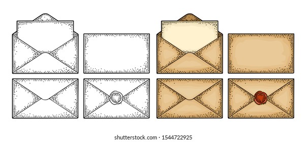 Set of kraft paper envelopes in different views. Open, closed mail and with blank paper. Vector color vintage engraving illustration. Hand drawn design element