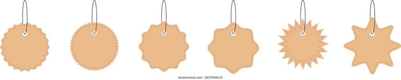 Set of kraft paper gift tags with stitched edges and various decorative shapes, isolated on transparent background