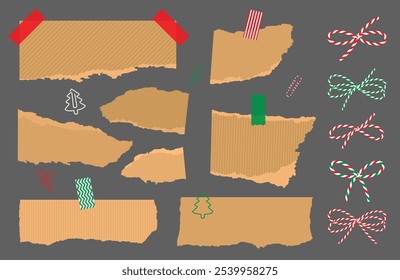 Set of kraft paper sheets torn into pieces. Craft elements, textbox, bow, tape, paper clip, frame for text, collage, banner, flyer, wallpaper. Isolated vector illustration on grey background EPS10	
