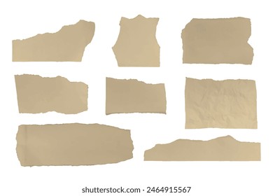 Set of kraft torn paper sheets. Pieces of paper notes parchment design. Vector old paper template.