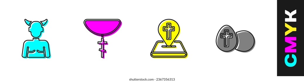Set Krampus, heck, Christian cross on chain, Location church building and Easter egg icon. Vector