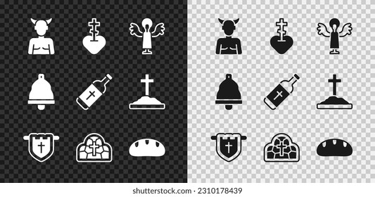 Set Krampus, heck, Religious cross in heart, Angel, Flag with christian, Stained glass, Bread loaf, Church bell and Holy water bottle icon. Vector