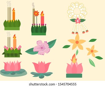Set of Krathong, Thai flowers, orchids and lotus flowers on the background.Many Krathongs in Loy Krathong Festival.