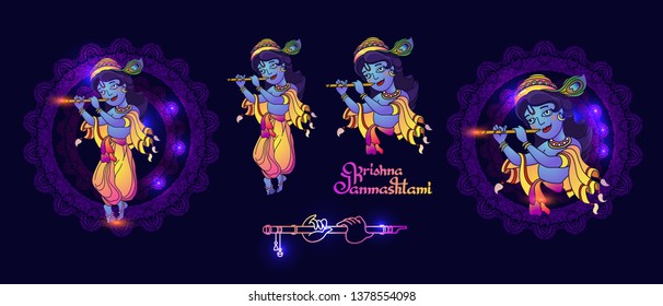 Set of Krishna Janmashtami elements for greeting card. Vector images of young Lord Krishna. Colorful illustration on blue background with mandala and handwritten lettering.