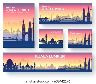 Conjunto del concepto de viaje por el paisaje natural de Kuala Lumpur. Cultura tradicional, revista, libro, afiche, elemento abstracto. Tarjeta decorativa de bienvenida étnica o fondo de invitación