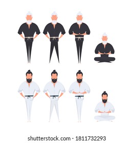 A set of Kung Fu Masters. A man in a black kimono meditates. The guy is doing yoga. Vector.