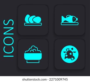 Set Kung Pao chicken, Chicken egg, Served fish on plate and Rice in bowl icon. Black square button. Vector