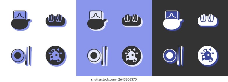 Set Kung Pao chicken, Traditional tea ceremony, Food chopsticks with plate and Sushi icon. Vector
