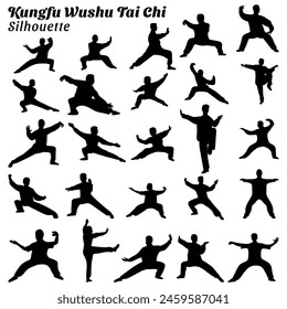 Set of kungfu wushu tai chi silhouettes