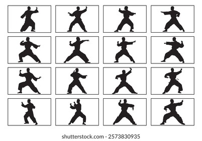 Set of Kungfu wushu tai chi silhouettes, Tai Chi Chuan man silhouette 